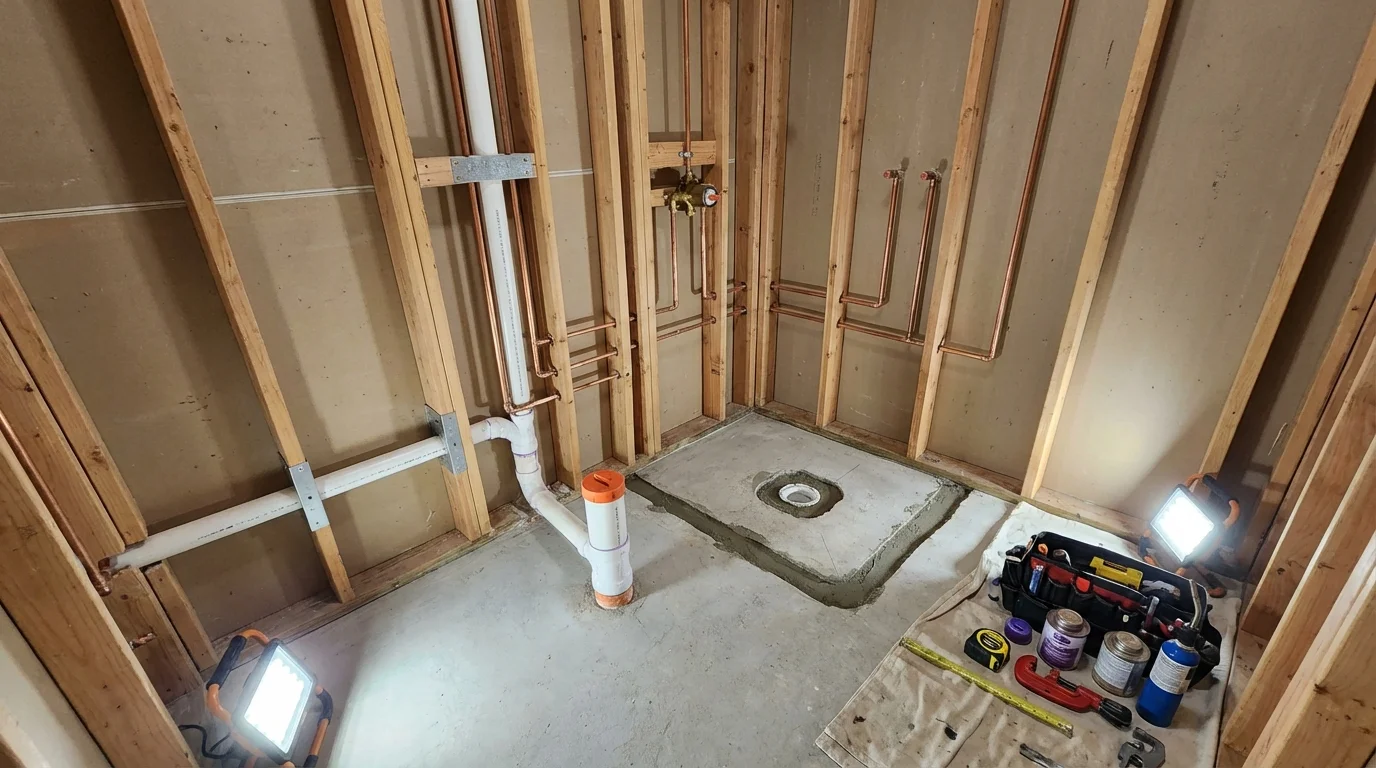 Bathroom rough-in plumbing during remodel by Johns Plumbing LLC in Colebrook