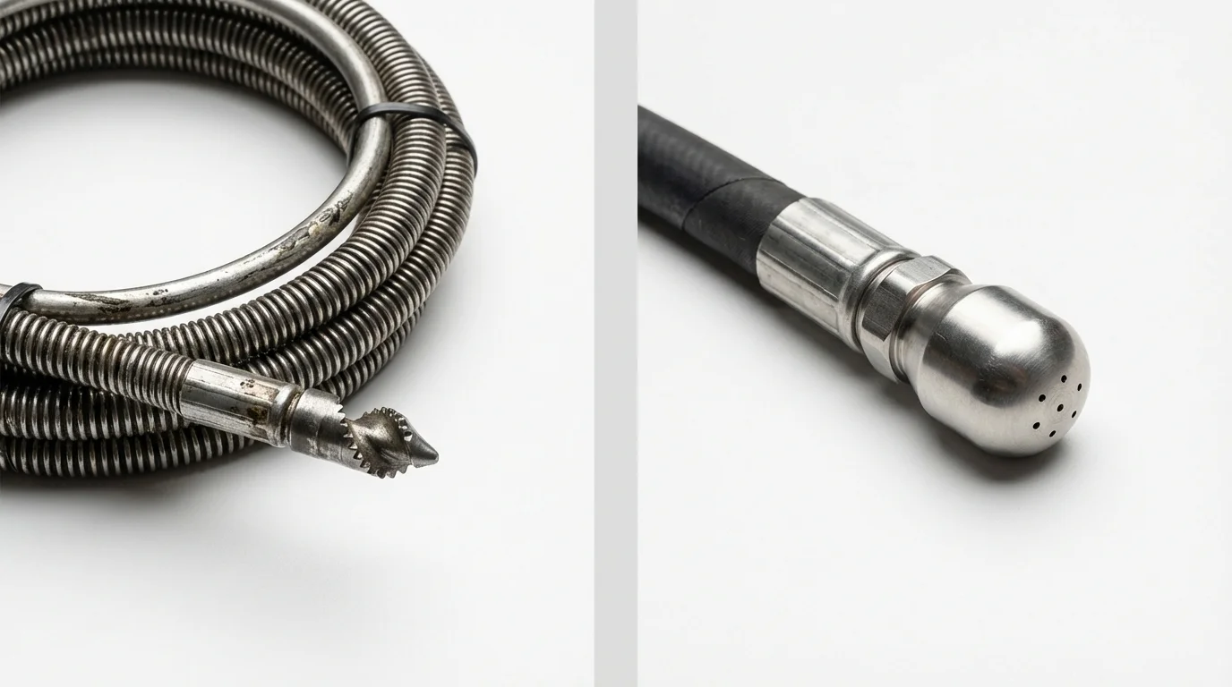 Drain snake cable and hydro jetting nozzle used for drain cleaning in Colebrook, NH