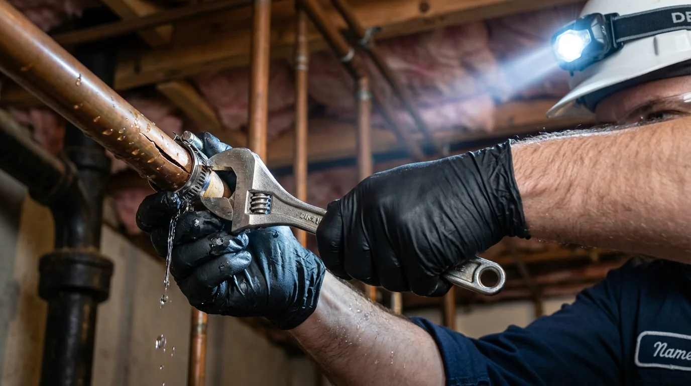 Emergency pipe clamp repair being performed by a Johns Plumbing LLC plumber in Colebrook