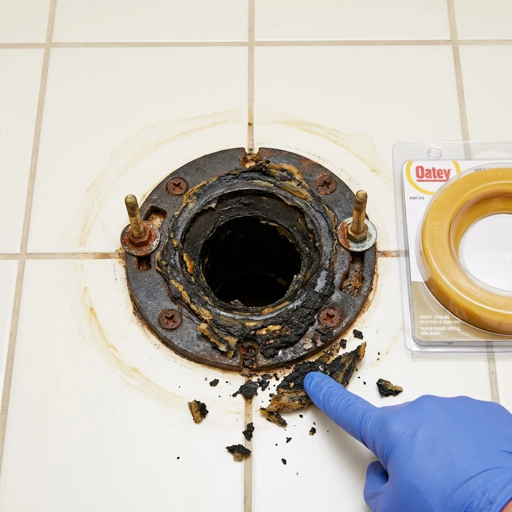 Failed wax ring showing water seepage at the base of a toilet in a Colebrook, NH home