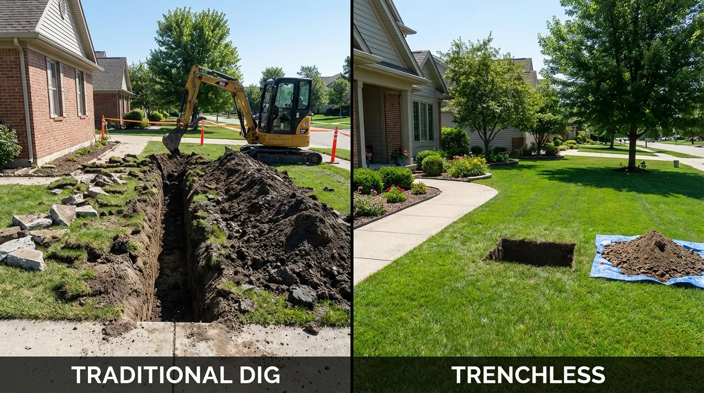 Trenchless sewer repair with minimal yard damage versus traditional excavation in Colebrook, NH