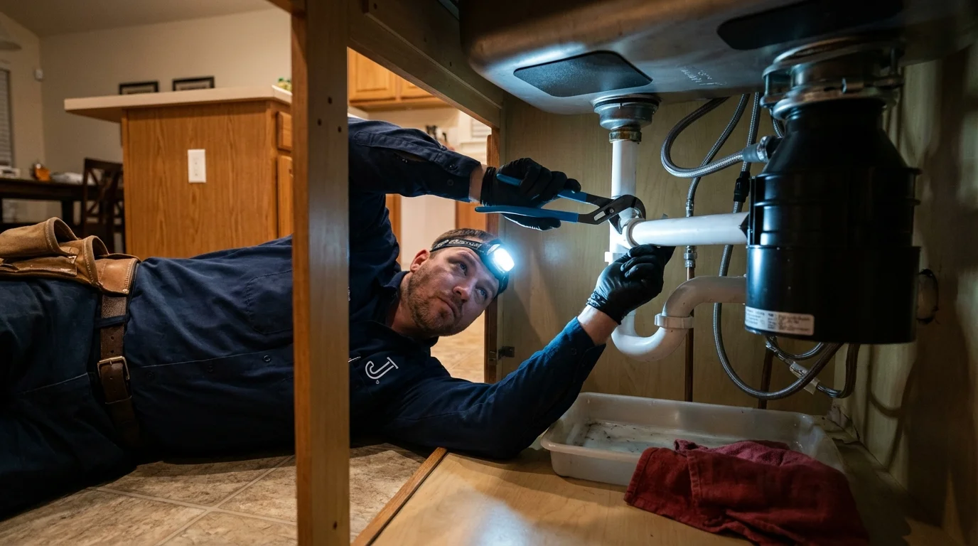 P-trap and supply line connections under a kitchen sink showing a common leak point in Colebrook, NH